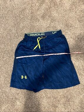 Under Armour Men's Dark Blue Athletic Shorts with Neon Yellow Accents